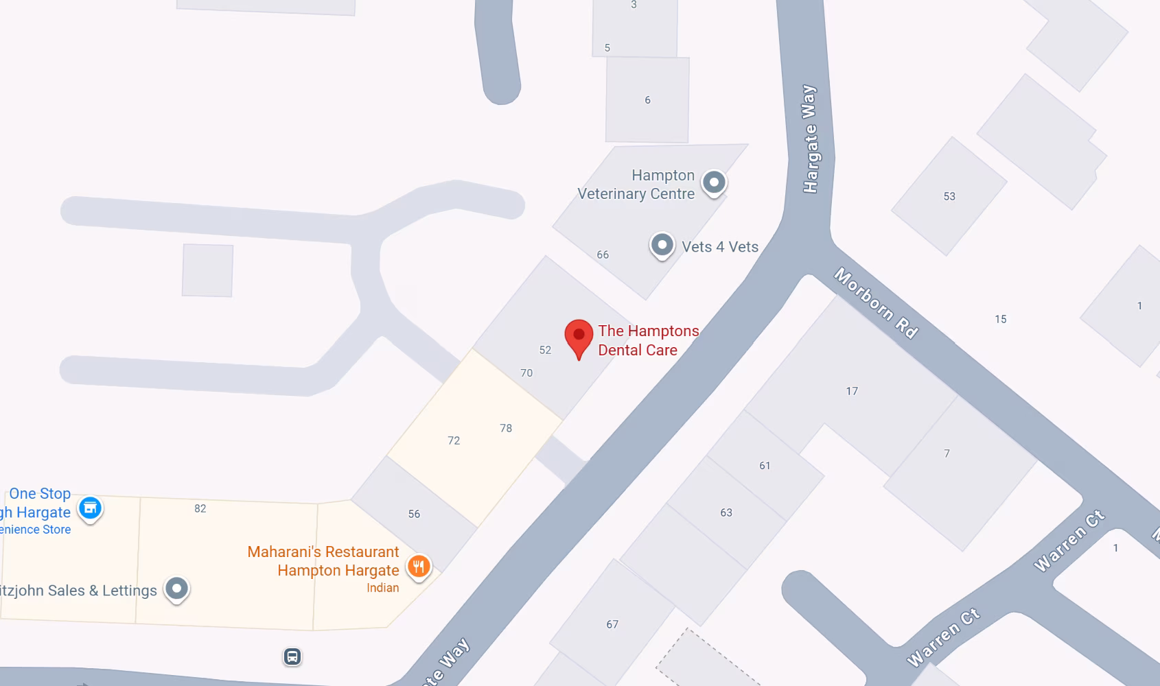 Map showing The Hamptons Dental Care on Hargate Way, Hampton Hargate